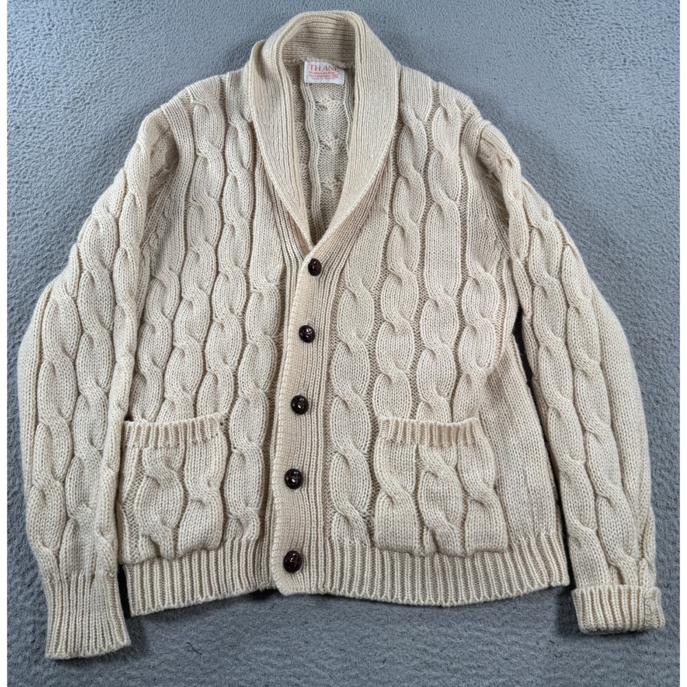 VTG Thane Cardigan‎ Fisherman Sweater Men's XL Beige Acrylic Cable Knit Grandpa